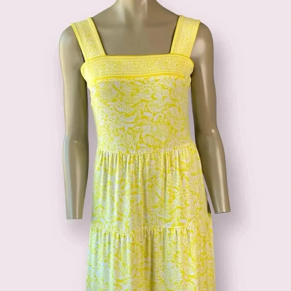 Michael Kors Sleeveless Floral Tiered Maxi Sundress Stretch Size S Yellow White - Picture 4 of 16